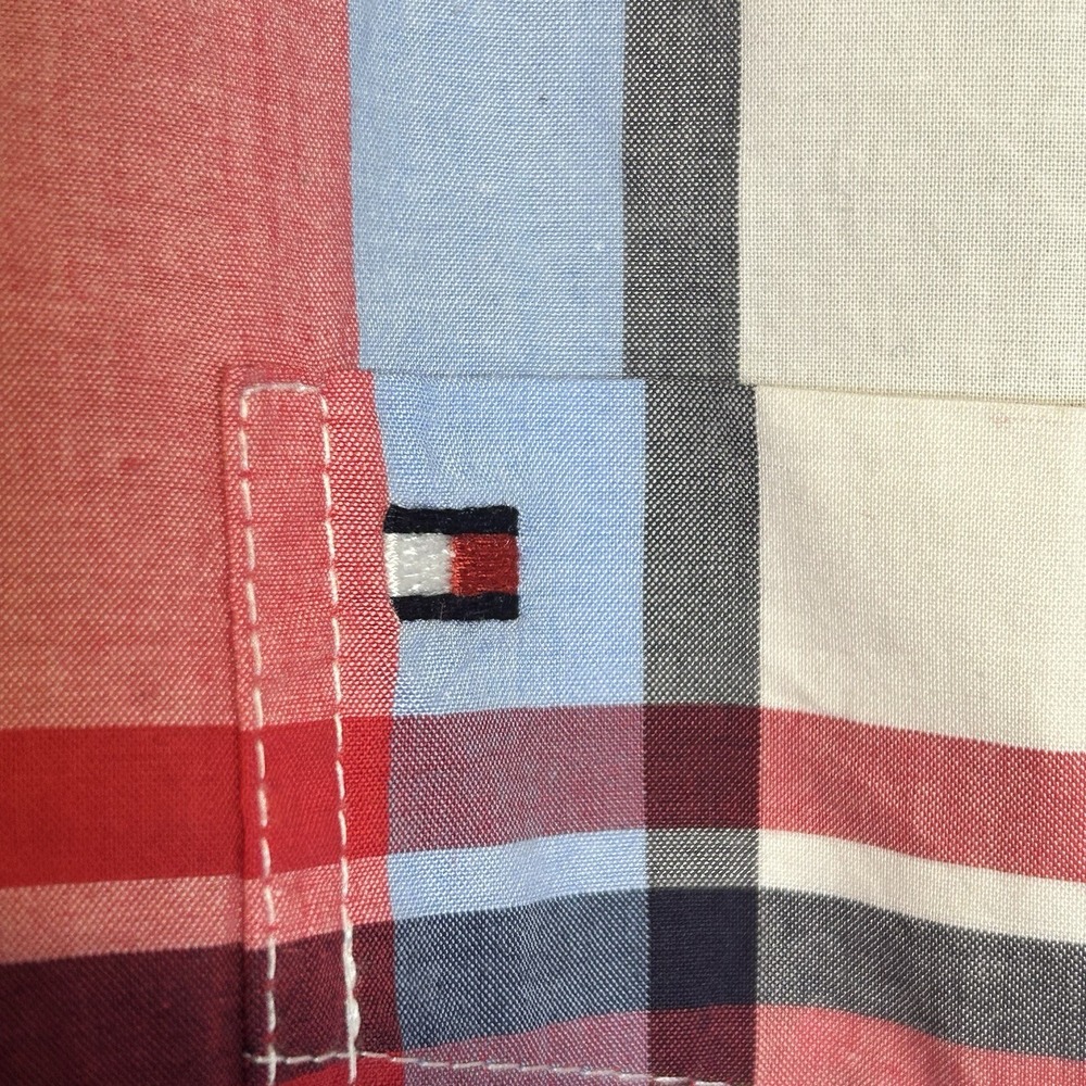 Tommy Hilfiger Men's Short Sleeve Button-Up Red White Blue Plaid XL 100 Cotton - Picture 5 of 8
